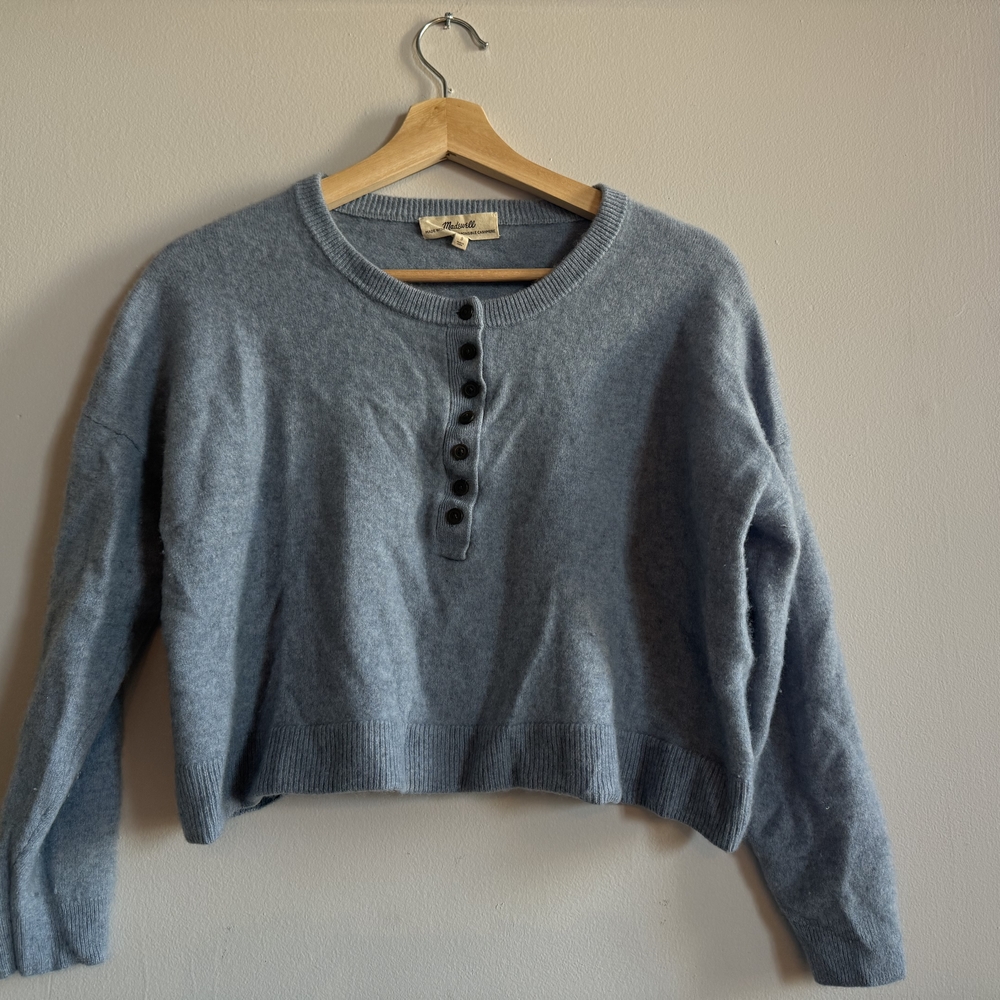 Madewell 100% Cashmere Light Blue Cropped Henley Sweater - S